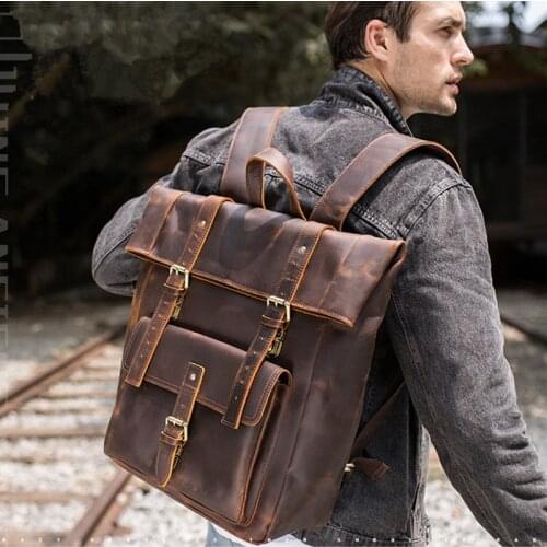 Retro Cowhide Leather Mens Backpack Large Capacity 17-Inch Computer Bag Outdoor Crazy Horse Leather Travel Backpacks