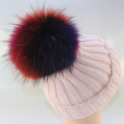 Soft Knitted Hats Beanie muti color 100% Real Raccoon Fur Ball 15 cm women ball cap Headgear women Casual Pom Girl Bonnet femme