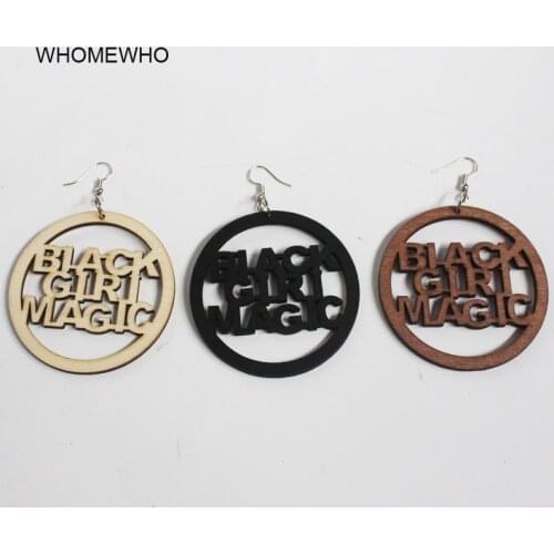 Unfinished Wood Laser Cut Black Girl Magic Letters Round Drop Earrings Fashion Wooden Afro Jewelry