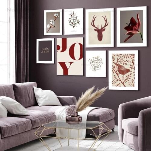 New Wall Art Canvas Poster Print Joy Christmas Bird Antlers Flower Painting Decorative Picture Modern Interior Decor Home
