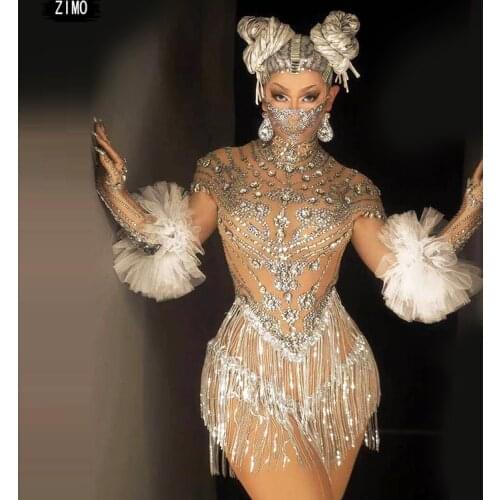Sequin tassel dress rhinestone crystal Sexy mesh nightclub Party short Dresses designer clothes Birthday performance stage wear