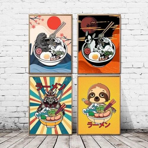 Japanese Culture Posters and Prints Ramen Dinasour Sushi Samurai Animals Art Canvas Painting Wall Pictures For Living Room