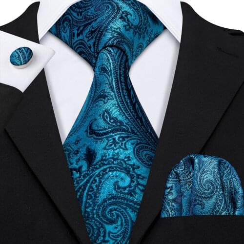 Teal Blue Paisley Mens 100% Silk Tie Hanky Gifts Necktie Wedding for Men Neck Tie Fashion Wool Adult One Size Barry.wang Grade a