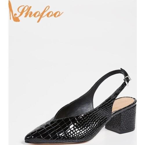 Black Croc Embossed Pumps Slingback High Chunky Heels Buckle Strap Women Pointed Toe Large Size 12 16 Lady Fashion Shoes Shofoo