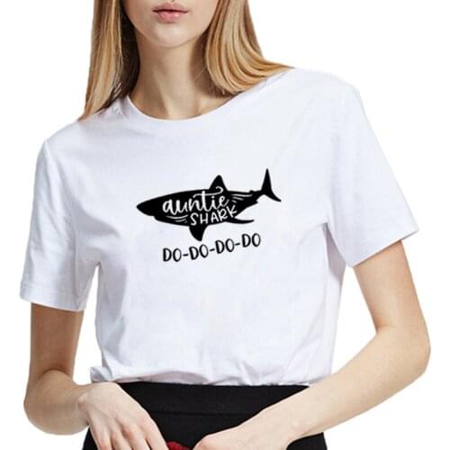 Auntie Shark Printed Tee Shirt Femme O-neck Short Sleeve Cotton Tshirt Women Christmas Summer Loose T Shirts for Women Tops