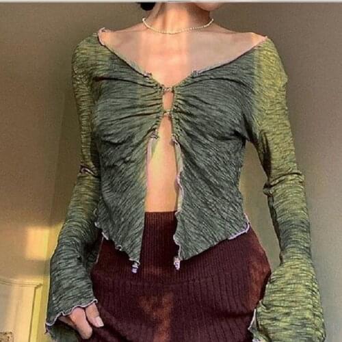 Summer Women Retro Sexy V-neck T-shirt Button Green Flare Sleeves Ruffled Long Sleeve Top Party Club -40
