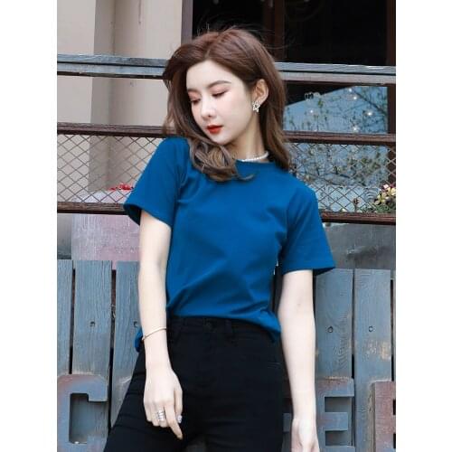 New summer short sleeve cotton T-shirt womens 80 double combed cotton round neck simple solid color versatile T-shirt 0411