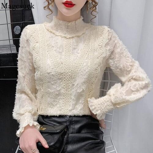 Autumn Korean Fashion Lace Blouse for Women Stand Collar Womens Long Sleeve Top Hollow Out Ruffle Blouse Vintage Shirt 16809