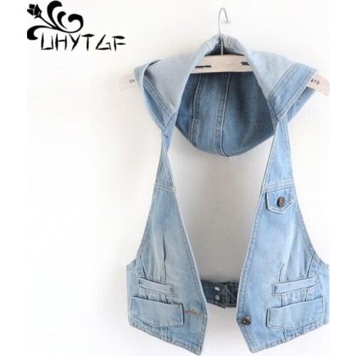 UHYTGF 2020 womens spring autumn denim vest fashion Backless sexy jeans vest hooded sleeveless elegant short waistcoat 3XL 1083