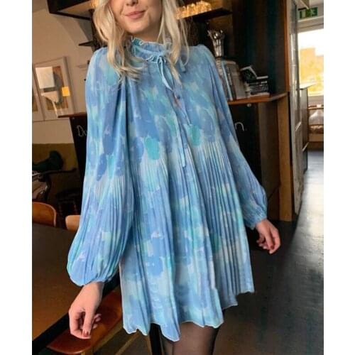 Frill Trim Collar Women Print Pleated Mini Dress Lace-Up Loose Spring Summer Ruffles Lady Short Dresses