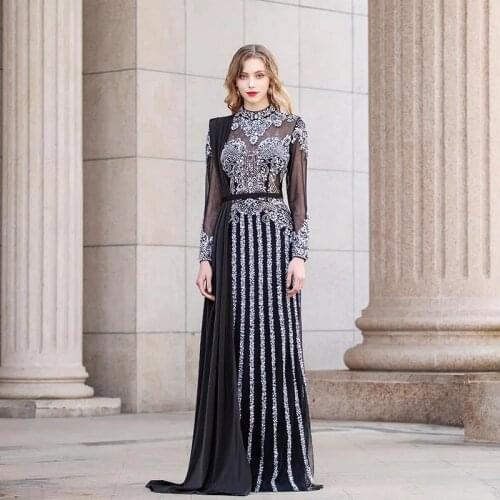 2021 Collection Gray Muslim Rhinestones Evening Dresses High Neck Dubai Long Sleeve Mermaid Gown For Women Party