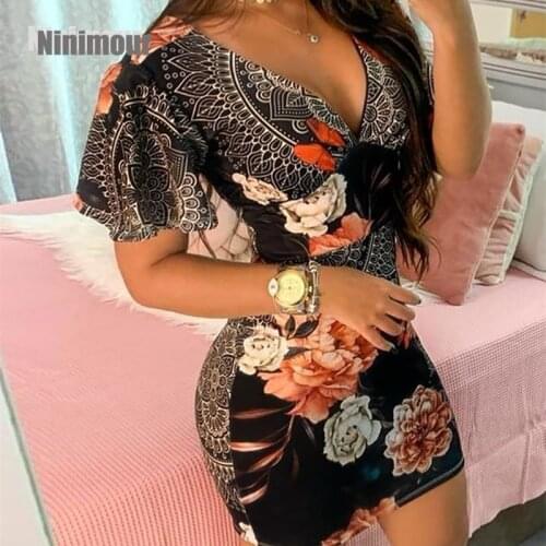2021 Ninimour Floral Print V Neck Plunge Short Sleeve Boho Bodycon Mini Skinny Dress Summer Casual Elegant Sexy Exotic Vintage