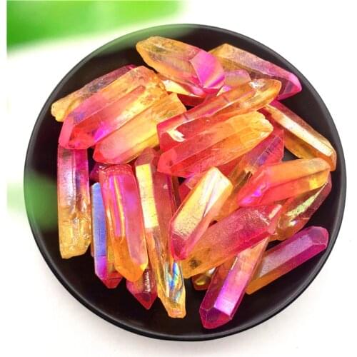 50g Electroplated Yellow and Pink Titanium Aura Lemurian Crystal Wand Point Healing Crystal Stone Natural Stones and Minerals