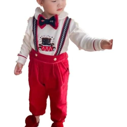 Vinatge Spanish boys girls knight bow white cotton shirt+Corduroy overalls birthday party two piece sets