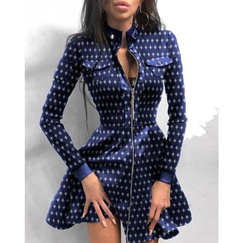 Sensual Zipper Mini Dress Long Sleeve Casual Fall/winter Pu Leather Pocket Fashion Pu Leather Receiving Waist Slim Dress