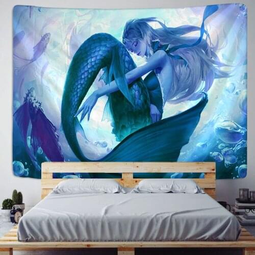 Blue Mermaid Tapestry Wall Hanging Snow Forest White Pigeon Bohemian Hippie Psychedelic Magic Mysterious Room Decor