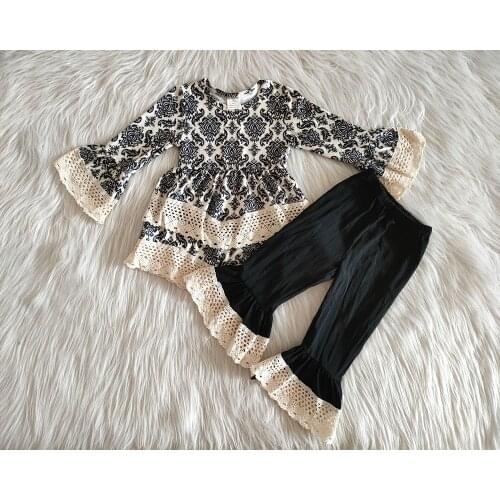 New arrival kids fashion fall outfit girl lace top and ruffle pants set girls high quality long sleeve outfit