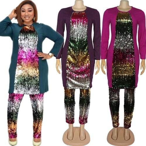 Two Pieces Set Women African Clothes Summer Fashion Sequins Africa Suit Top Pants Super Elastic Plus Size African Suits For Lady