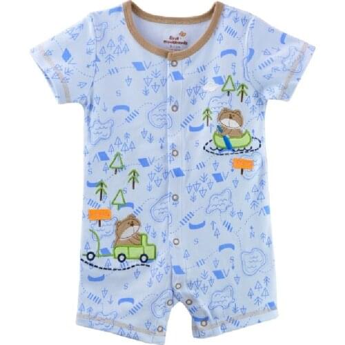 Baby Boys Short Rompers Bear Forest Cute Newborn Clothes Toddler Jumpsuits Light Blue 100% Cotton