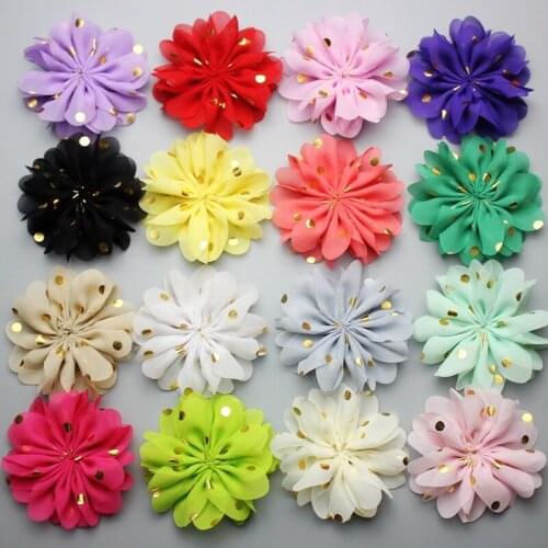 100pcs/lot 24colors 8cm Handmade Pretty Chiffon Fabric Flower with Gold Dot Flat Back kid DIY Decorative women Hair Accessories