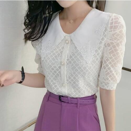 Lace shirt top women short-sleeved 2021 new summer big lapel short small shirt white shirt thin COTTON Bow womens tops