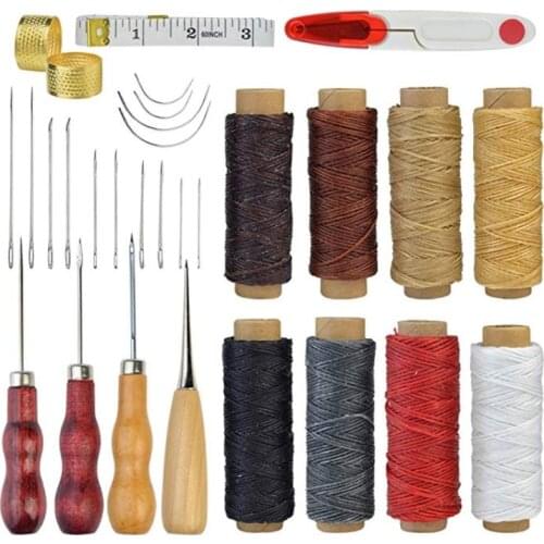 30pcs Leather Sewing Tools Kit Hand Stitching Needles Awl Thimble Waxed Thread Set for DIY Leather Craft Repair Tools