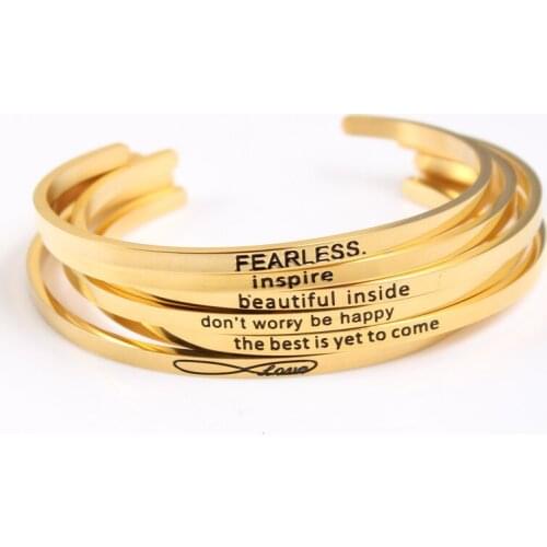 H i j k l Initial gold 2021 New Trend Quotes Mantra Bracelet Stainless Steel Open Cuff Bangle Fashion Gold Inspirational Jewelry