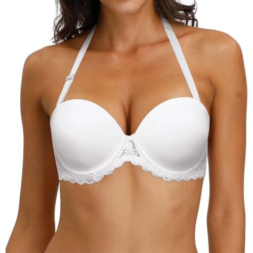 Vgplay Solid White Lingerie Halter Transparent Straps Women Bra Plus Size Plunge Underwear Unlined Lace Bra For Big Breast Women