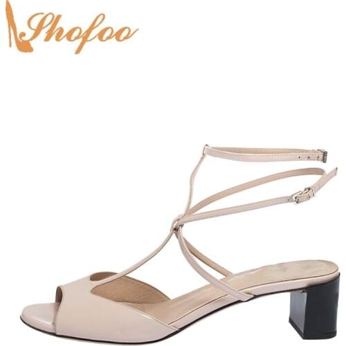 Nude Patent High Chunky Heels Women Sandals Open Toe T-strap Buckle Large Size 13 15 Ladies Summer Fashion Mature Shoes Shofoo