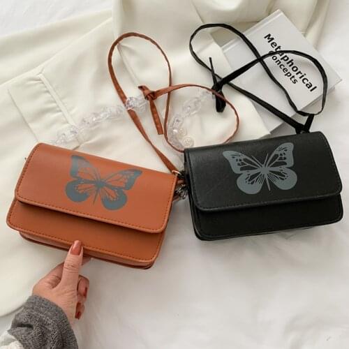 Simple Female Acrylic Chain Crossbody Bags Small PU Leather Ladies Underarm Bags Butterfly Printing Messenger Bags