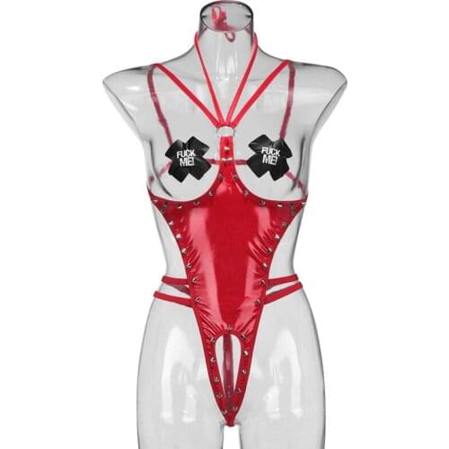 Sexy Women High Cut wetlook PU Leather Lingerie Bodysuits Erotic Leotard Costumes with Iron chain Latex Catsuit Porno Nightwear