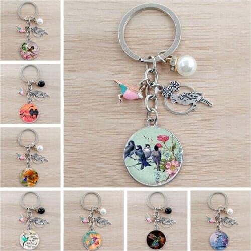 Vintage Animal Bird Keychain Glass Convex Dome Art Picture Bird Key Animal Jewelry