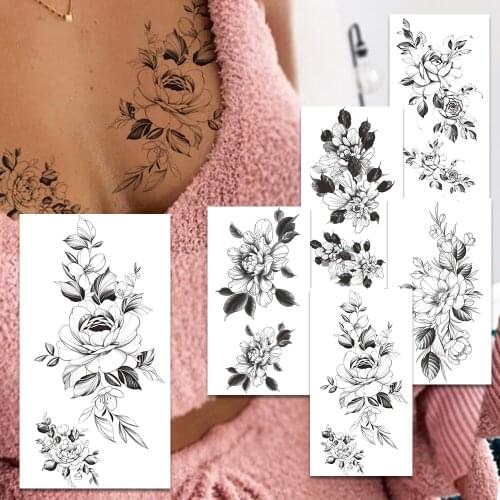 Daisy Fake Temporary Tattoos For Women Girls Sunflower Bloosom Tattoo Black Peony Lily Flowers Waterproof Tatoo Body Chest Hands