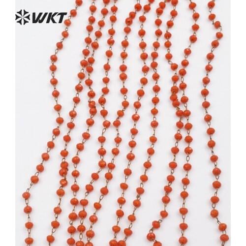 WT-RBC043 WKT Exclusive watermelon red stone rosary chains high quality round faceted beads and gold color wire DIY necklaces
