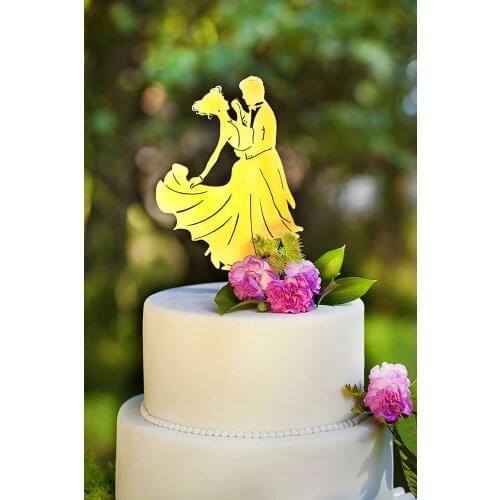 Mirror gold dancing bride and groom wedding cake topper acrylic for wedding cake decorating party decoration
