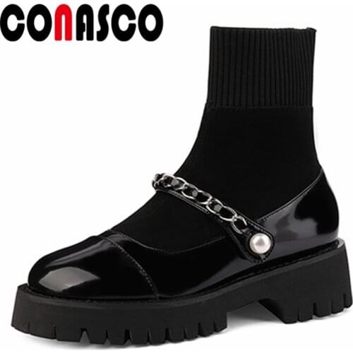 CONASCO New Women Ankle Boots Autumn Winter Warm Cow Patent Leather Basic Prom Office Shoes Concise Chain Decoration Boots Woman