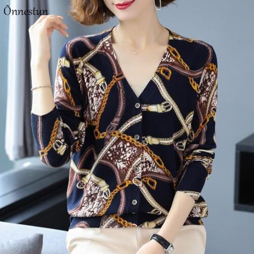 Plus Size Sweater Women New Autumn Casual Print Sweater Cardigan High Quality V Neck Knitwear Single-breasted Cardigans