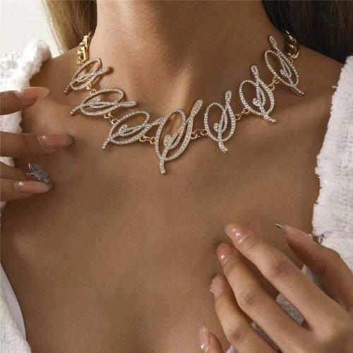 2021 punk geometric alloy Rhinestone letter necklace womens hip hop hollow out clavicle chain necklace party jewelry wholesale