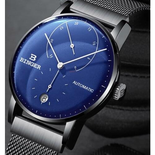 42mm Switzerland BINGER Men Watch Automatic Mechanical Mens Watches Male Japan Movement Black Blue relogio masculino B-1187G-5