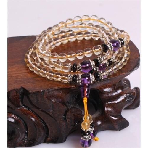 Hand Made Natural Yellow Crystal Original Color Beads 6mm 108 Mecklace or Bracelet Yoga Meditation Strand Bracelets for Women