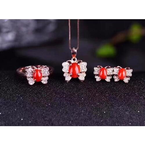 The color is beautiful, the style is novel.Natural Red coral suit, simple and fresh, 925 silver