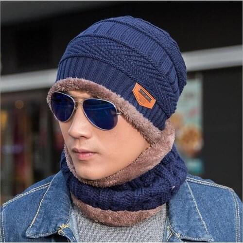 Women Hat and Scarf Set Fall Winter Chunky Knit Fleece Lining Beanies Skullies Men Snood Shawl Bonnet 2pcs Collar Skullcap