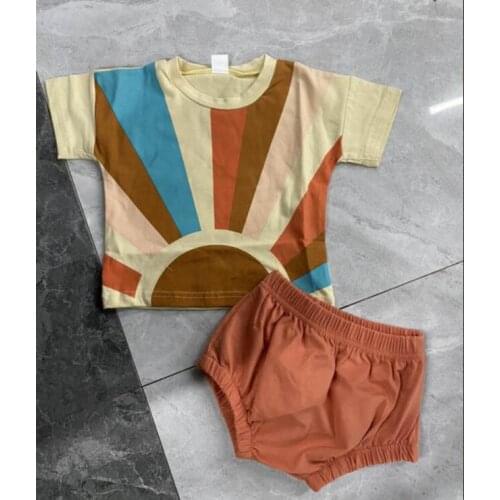 2Pcs Newborn Baby Girls Summer Outfits Infant Toddler Kids Cute Sun Print Short Sleeve T-Shirts + Shorts Set