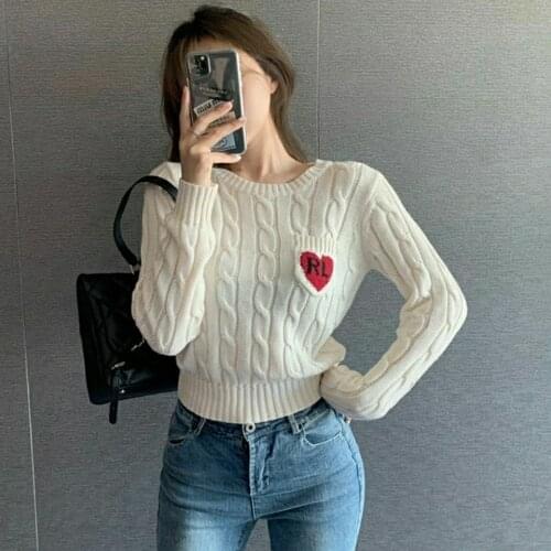 Korean Fashion Jumper Women Fall 2020 Cute Red Heart Pattern Pocket Long Sleeve Knitted Sweater Pullover Knitwear Winter Sweater