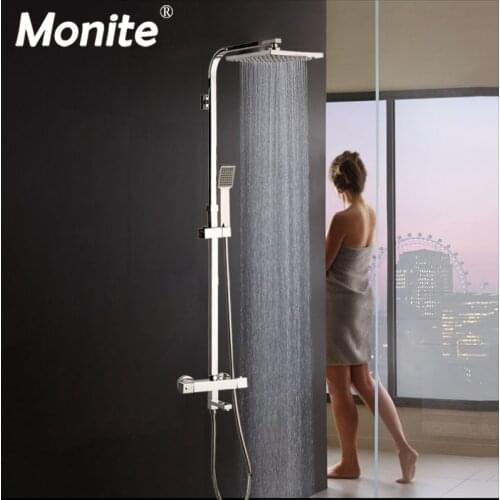 Monite 8 inch Rainfall Thermostatic 3 Functions Chrome Polish Shower Head Shower Set Bathroom Bathtub Shower Mixer Tap Faucet