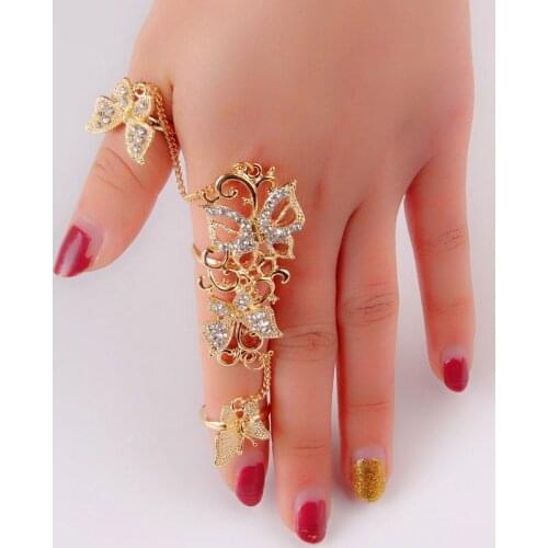 New Vintage Women Full Knuckle Ring Rhinestone Decor Butterfly Linked Rings 3D2011