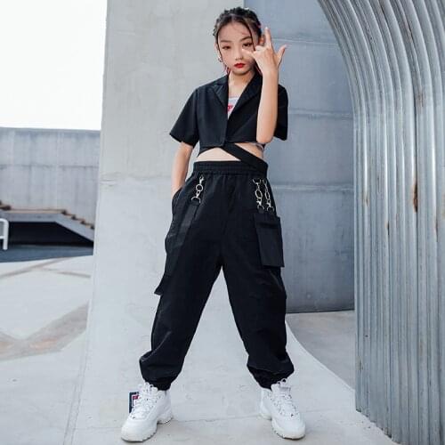 Hip Hop Dance Clothing Kids Girls Jazz Performance Black Outfit Tops Cargo Pants Street Clothes Wear Modern Dance Costume BL6396