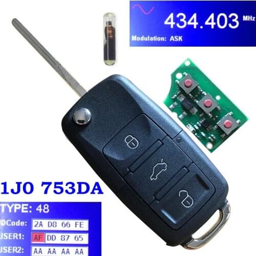 1J0 959 753 DA 434MHZ FLIP HEAD KEY REMOTE TRANSMITTER FOR VOLKSWAGEN PASSAT ID48 CHIP 1J0959753AH