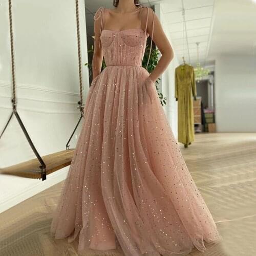 LUXIYIAO LO176 Pink Starry Tulle Prom Dresses Spaghetti Straps Pleated Long Prom Gowns with Pockets A-Line Wedding Party Dresses