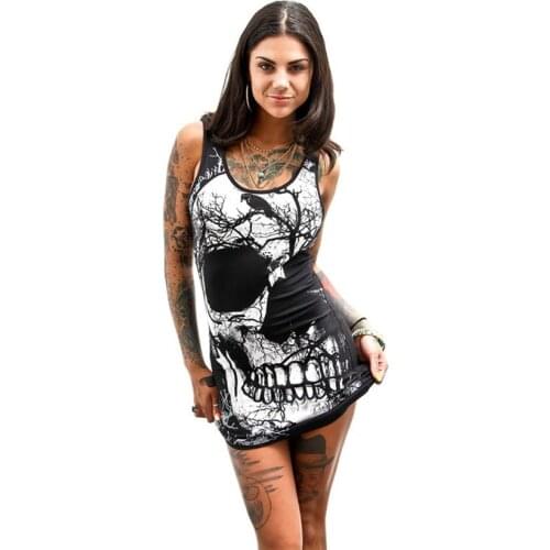 Sexy dress Womens Sleeveless Skull Printed summer dress Vintage Vest Dresses O-Neck Loose Casual Mini Dresses F808